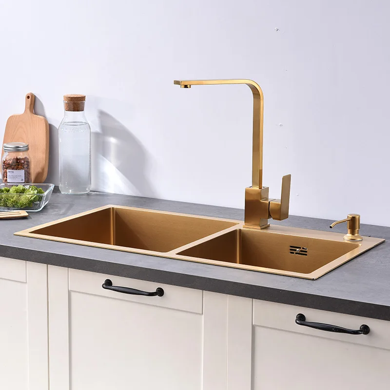 Gold Kitchen Sink Above Counter or Undermount double Bowl Goldn Basket Drainer Soap Dispenser Washing Basin 304 Stainless Steel 2