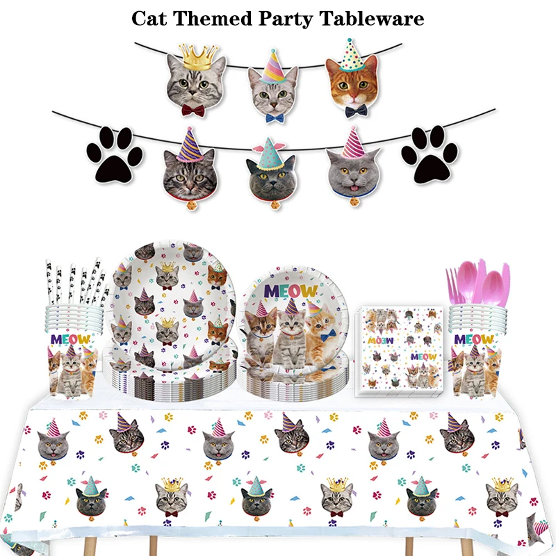 

Pet Cat Theme Birthday Party Holiday Celebration Decoration Cake Decor Disposable Tableware Supplies Set