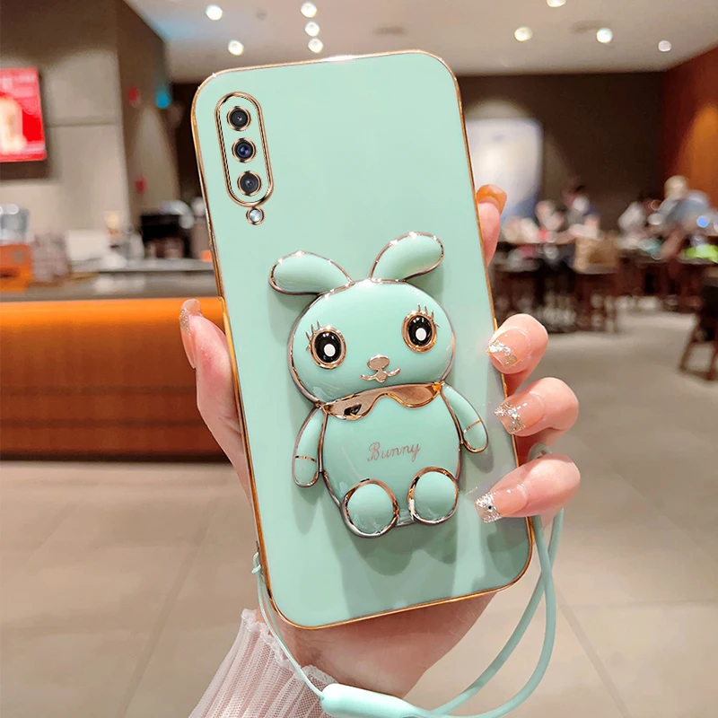 

For Samsung Galaxy A50 A50S A30S Phone Case Cute Cartoon Rabbit Fold Stand With Lanyard Soft Silicone Luxury Plating Cover