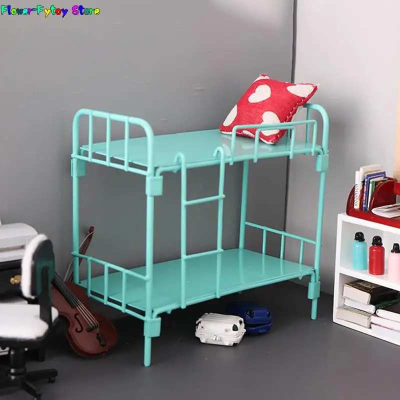 

1:12 Dollhouse Miniature Mini Alloy Bed Bedroom Dormitory Bunk Bed Simulation Furniture Model For Doll Bed Bedroom Play Toy 1PC