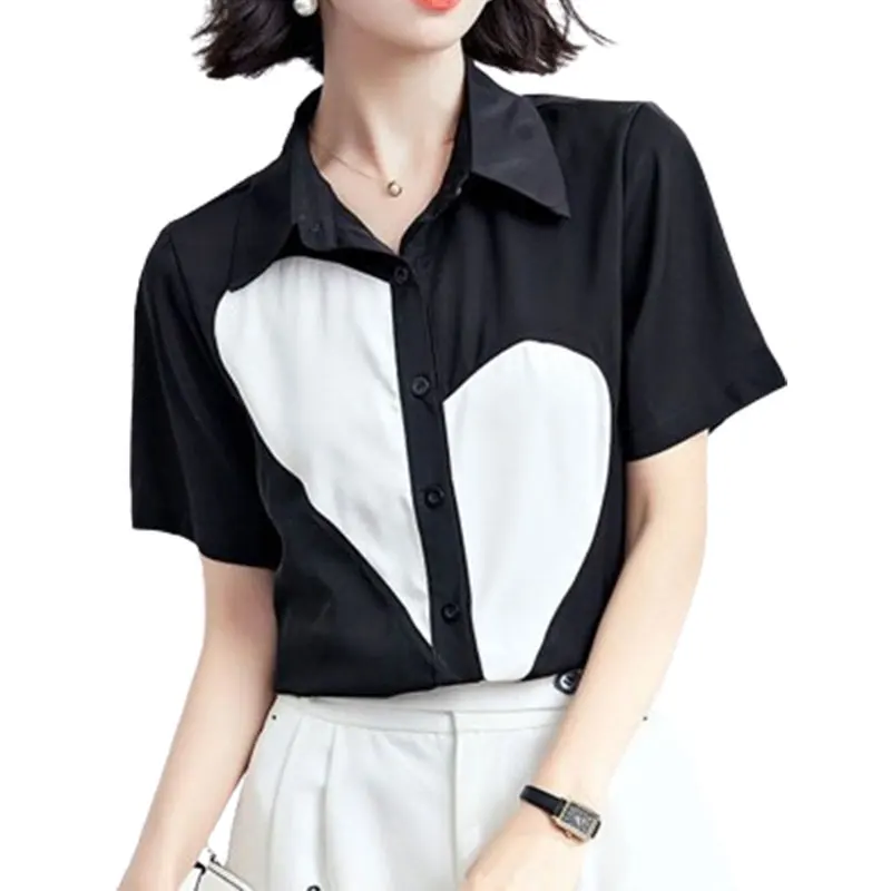 2024 Elegant Fashion Harajuku Slim Fit Women's Clothing Loose Casual All Match Tops Women Patchwork Button Short Sleeve Blusa