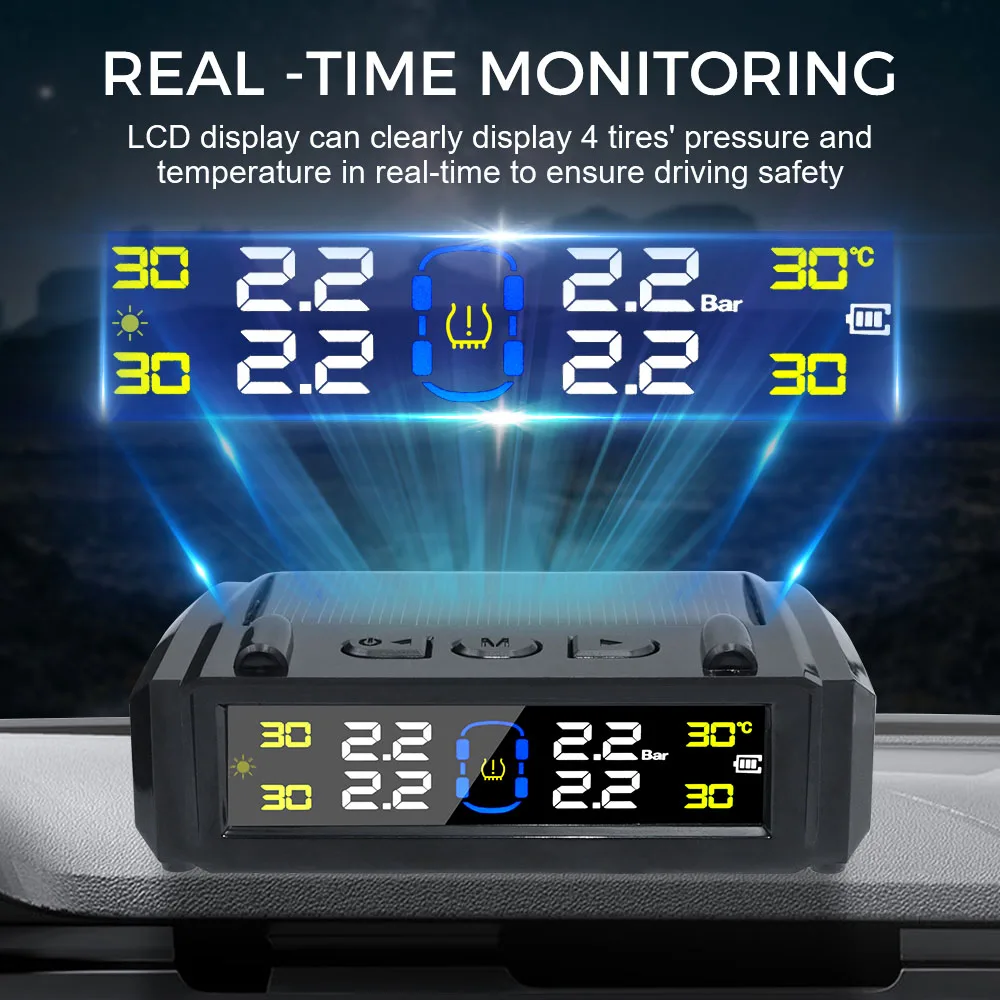 Universal Auto Solar TPMS with Car Security and Temperature Warning Features