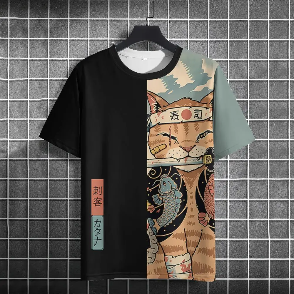 

Футболка мужская с принтом самурайского кота, модная повседневная тенниска с графическим принтом, забавная уличная одежда в стиле хип-хоп, Харадзюку, с коротким рукавом, лето