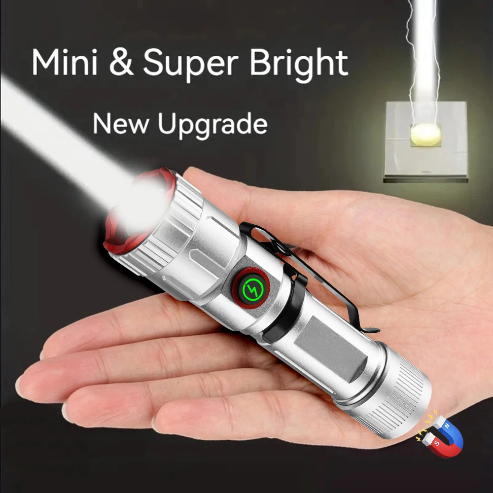 super bright 1000LM Mini Flashlight 5 Lighting Modes White laser Zoom Torch Built in Battery Type-C Rechargeable Emergency Lamp