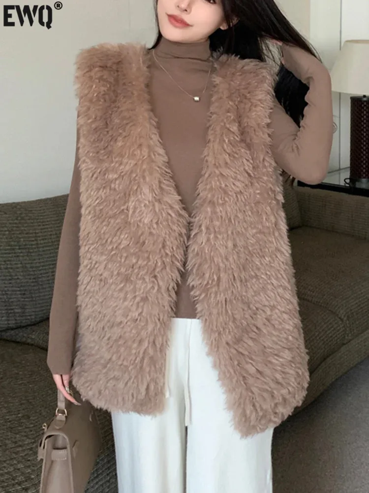 

[EWQ] Elegant Faux Coat Plush Vest 2023 Winter Warm Fake Fur Outwear Coffee Jacket Trend Women Clothing Beautiful Party Tops U6