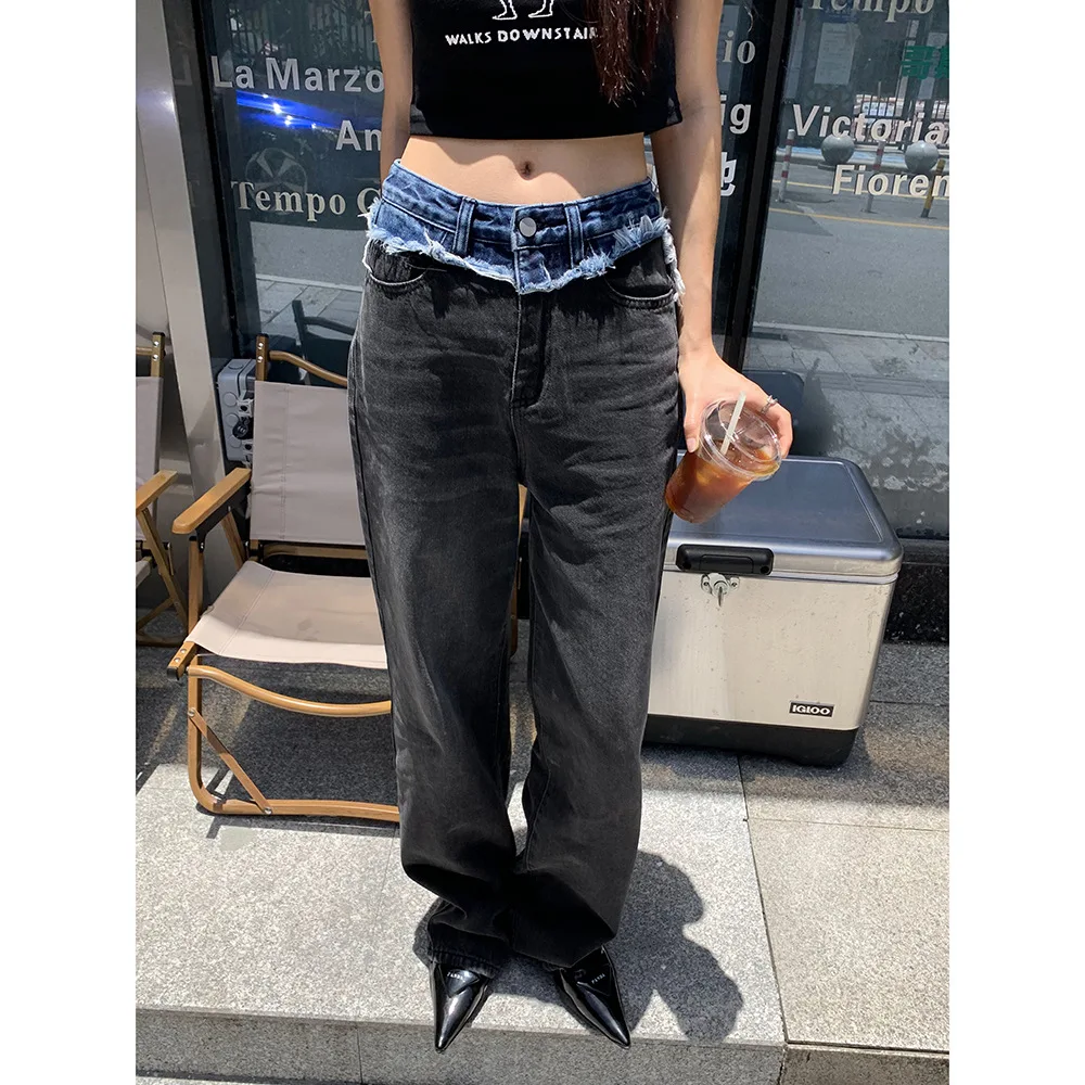 Loose Wide-Leg Denim Trousers, Color Matching, Ins Personality, New Korean Version, 2022