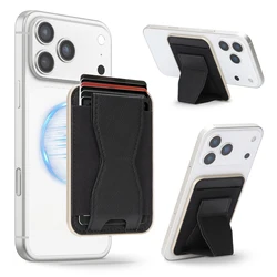 Magnetic Leather Folding Wallet Card Holder with Ring Stand and Mag - safe Compatibility (Black)