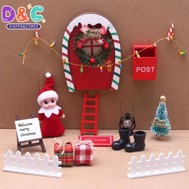 

DollHouse Christmas Wreath Red Green Rainbow Door Christmas Decor Elf Doll Gift Boxes Dollhouse Miniature Fairy Scene Model