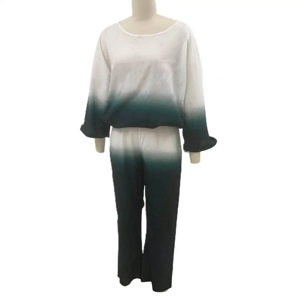 Summer Casual Wear Clothes Gradient Contrast Color Women's Top Pants Set with O Neck Long Sleeve T-shirt Wide Leg for Daily