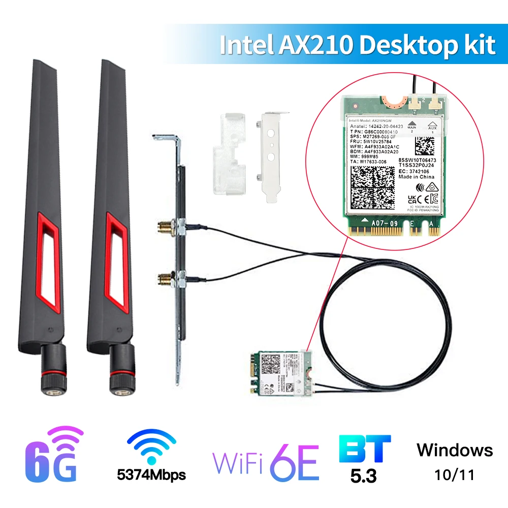 Трехдиапазонная Wi-Fi 6E Intel AX210, Bluetooth 5374, 2,4 Мбит/с, M.2 беспроводная Wi-Fi карта AX210NGW ГГц/5G/6G 802.11ax с комплектом антенн Win11