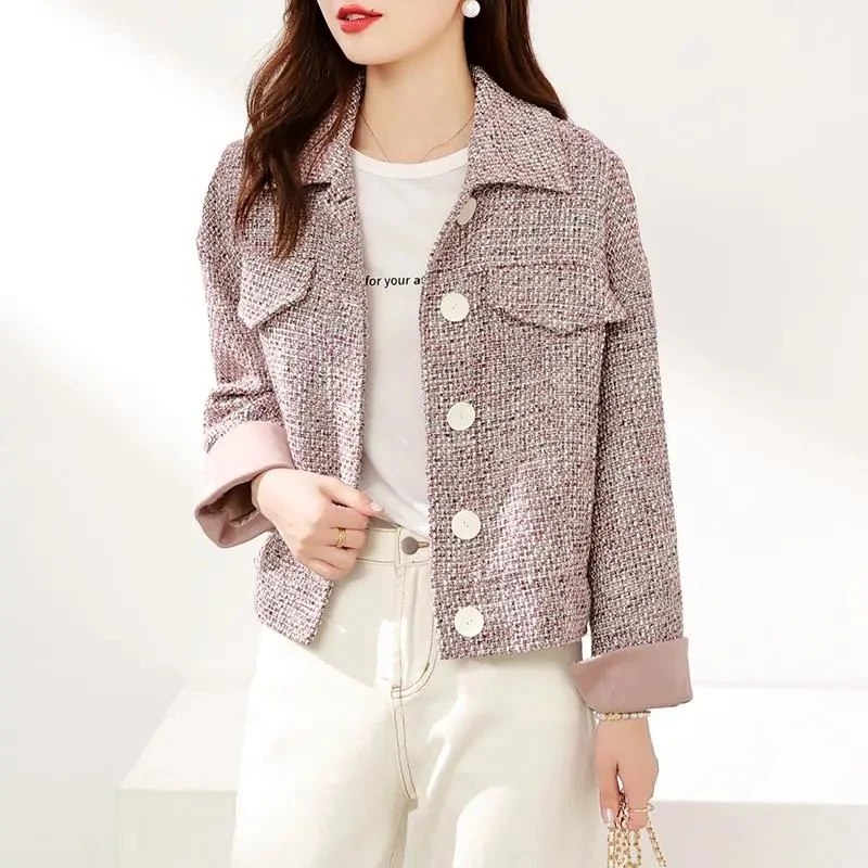 

Fashion Small Fragrance Pink Short Tweed Jacket Turn-Down Collar Single Breasted All-Match Lady Coat Chic Autumn Women Clothing