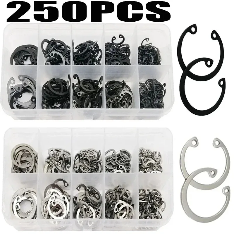 250pcs Assortment Kit Set M8 to M20 304 Stainless Steel Black 65mn Shaft Retaining Hole Clip Snap Ring C Type Internal Circlip