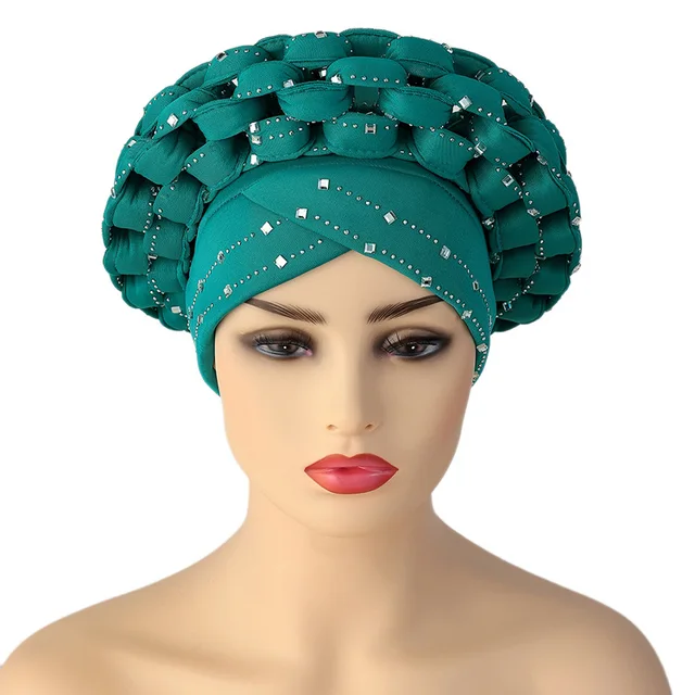 Inlaid with Diamonds African Pattern Pre-Tied Bonnet Turban Knot Cap Headwrap Hat Auto Gele Robe Africaine Aso Oke Ready To Wear Cap056