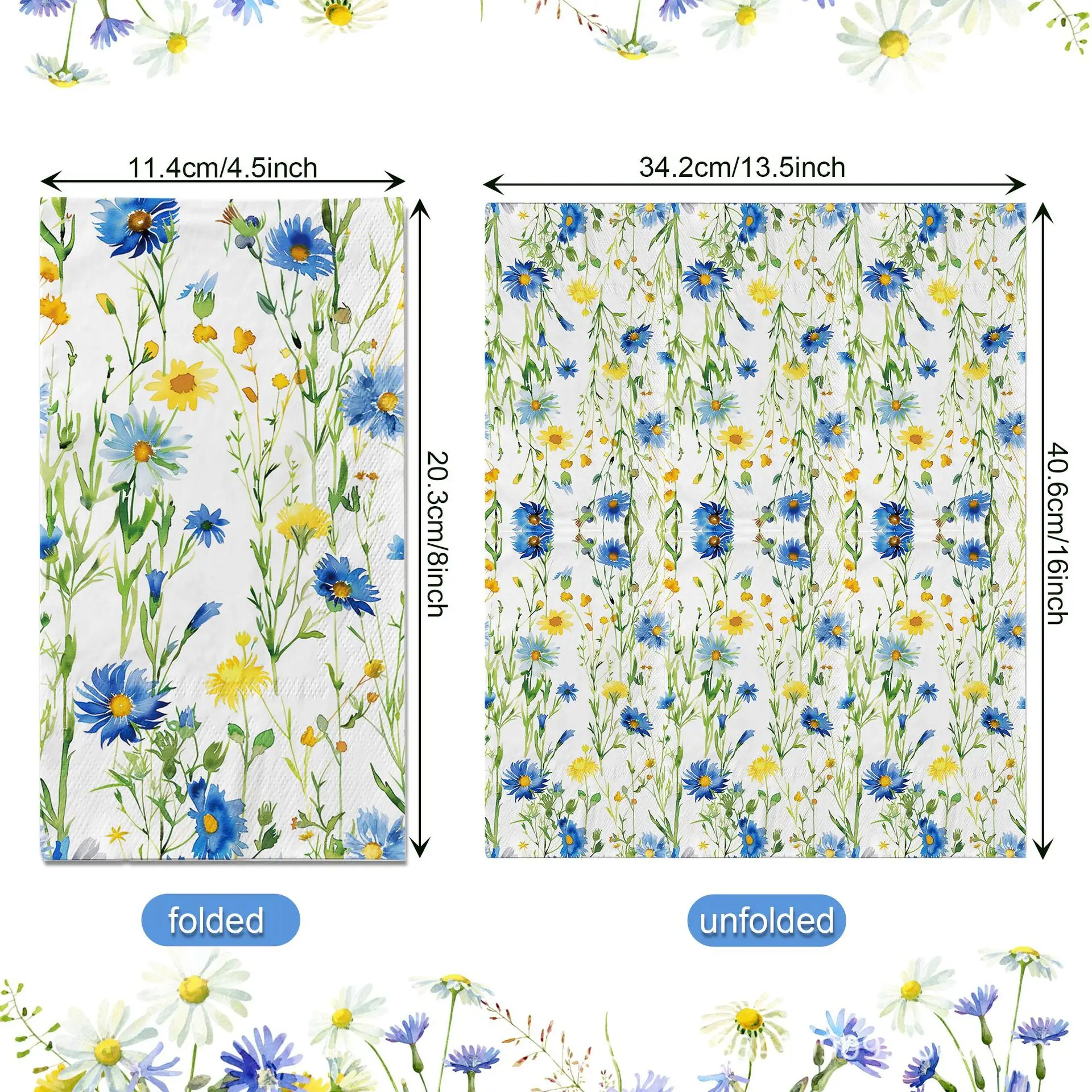 100PCS Fresh Style Spring Blue Yellow Wildflower Paper Napkins 2-Ply 34*40cm Disposable Hand Guest Napkins For Wedding Party