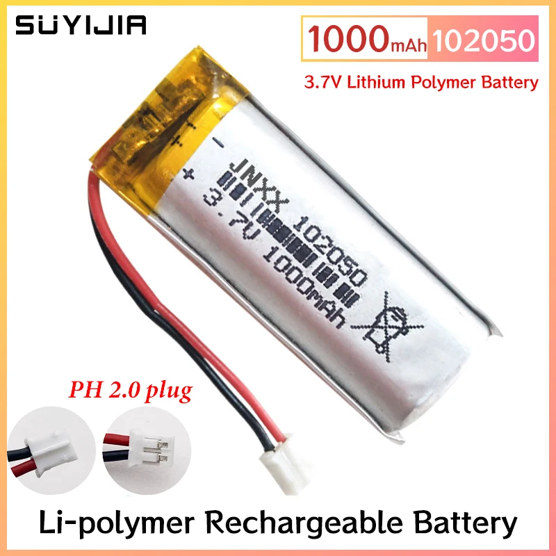 

3.7V 1000mAh 102050 Lipo Cells Lithium Polymer Rechargeable Battery for GPS Recording Pen LED Light Beauty Instrument Speaker