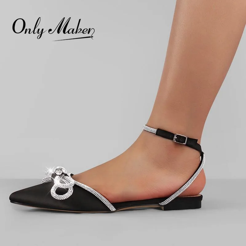 Onlymaker 여성용 블랙 우아한 포인티드 토 라인석 나비매듭 샌들, 여름 빅 사이즈 플랫