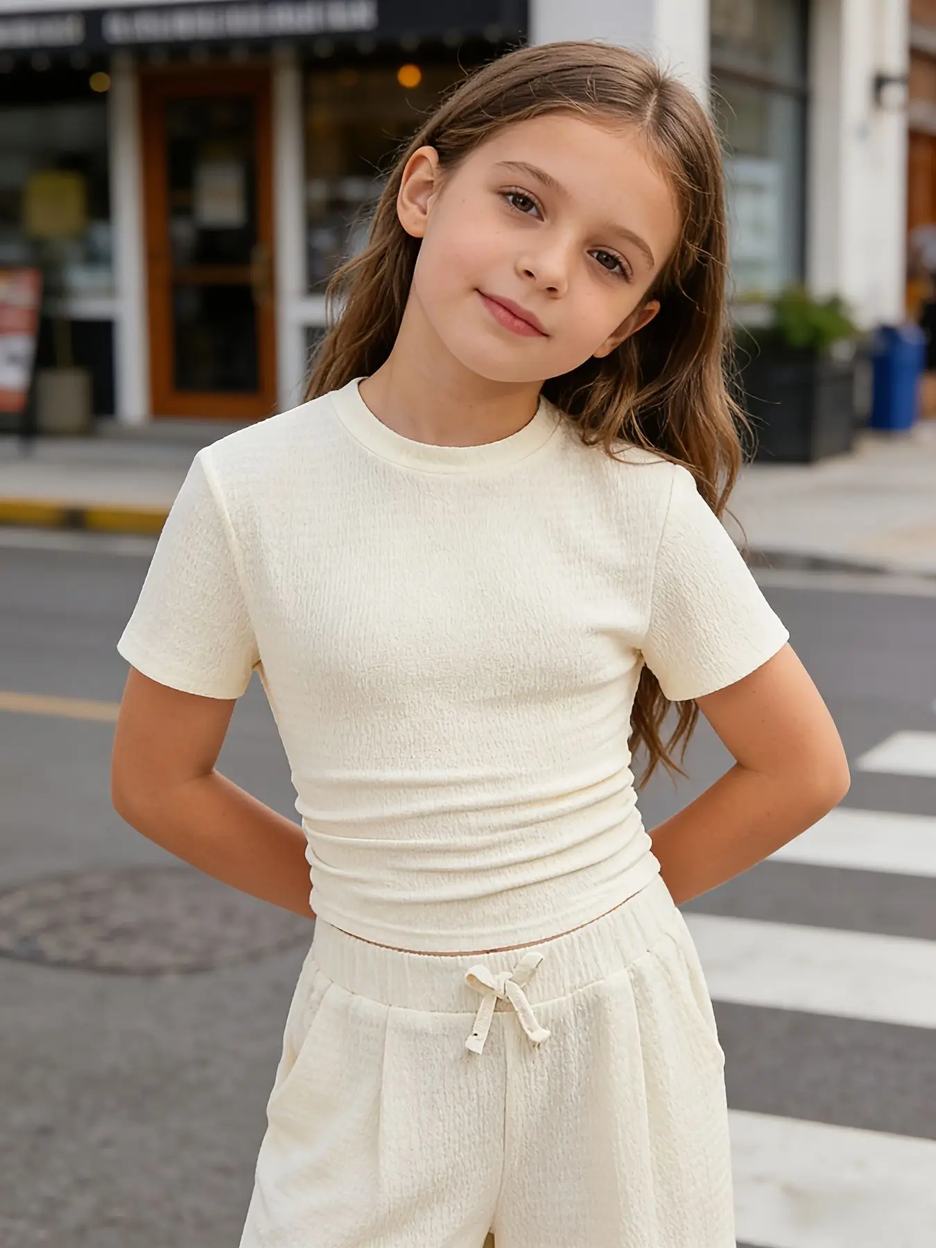Girls' 2-Piece Casual Set: Fitted Top + Wide-Leg Pants. A versatile design with a trendy street-style vibe—comfortable and perfe - 5