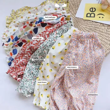 Casual Flower Print Kids Pants High-waisted Loose-fit Vintage Style Versatile Anti-mosquito Air Conditioner Pants For Girls