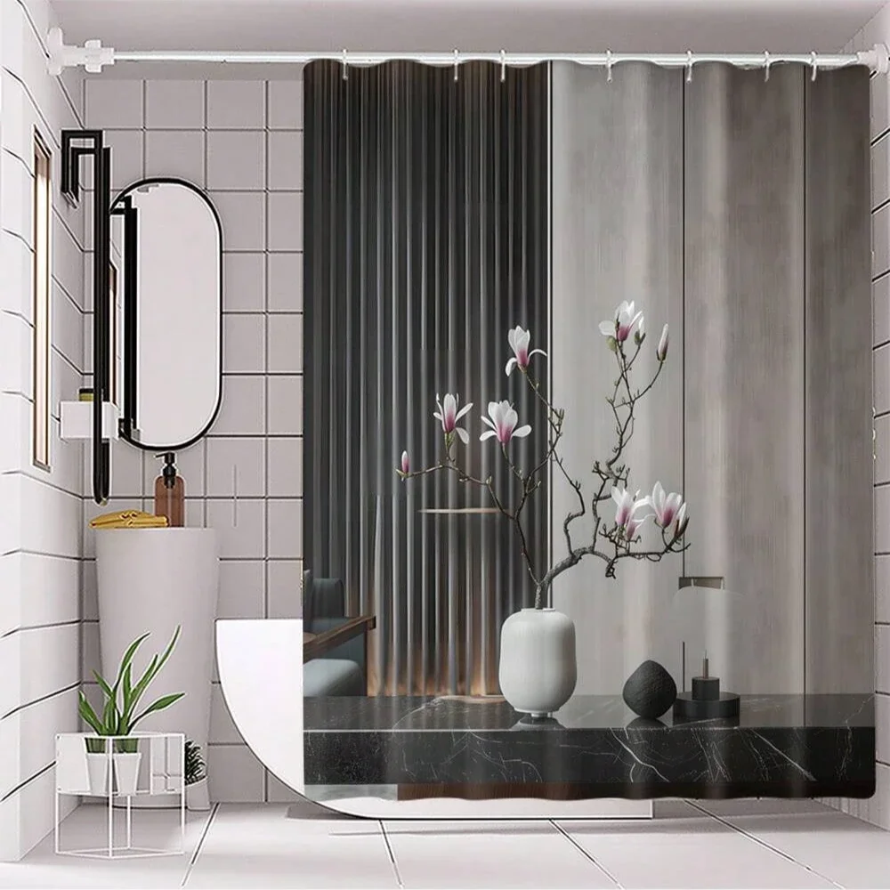 4pcs Modern style printing Shower Curtain Set With 12 Hooks, Anti-Slip Bathroom Mat, U-Shaped Toilet Rug, Bathroom Curtain Set 3