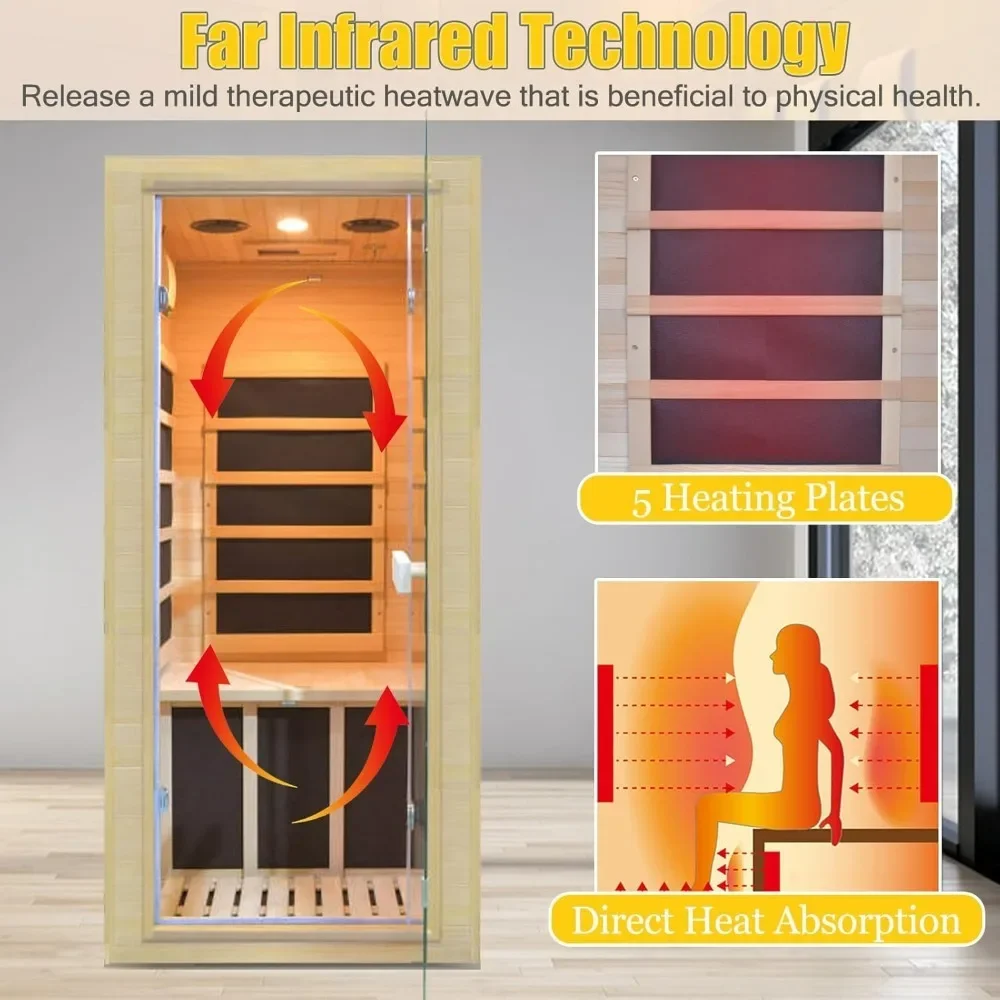 Far Infrared Home Sauna, Mini Indoor Dry Personal Sauna Room,Hemlock Wood Sauna, 1200W 5 Heating Panels, Heating Machine, Sauna 2