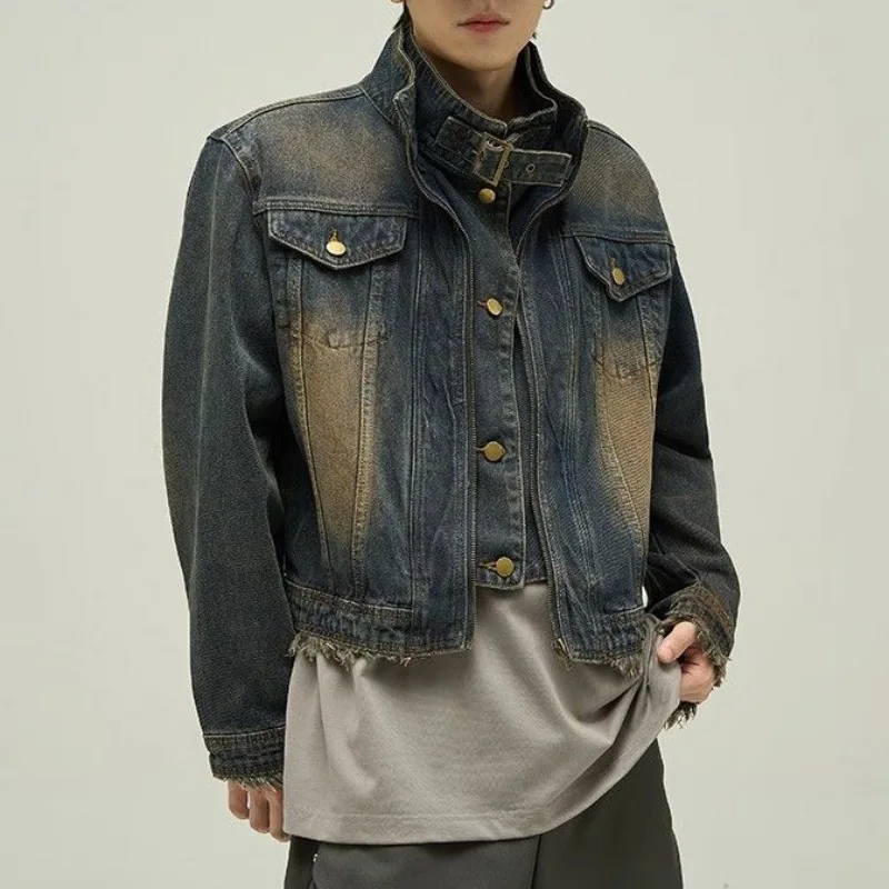 Short Japanese Distressed Denim Jacket Men Women Retro Fake
