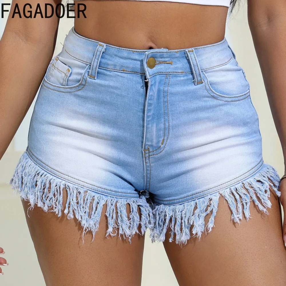 FAGADOER Light Blue Summer Denim Tassels Skinny Shorts Women High Waisted Button Pocket Slim Shorts Female Solid Cowboy Bottoms