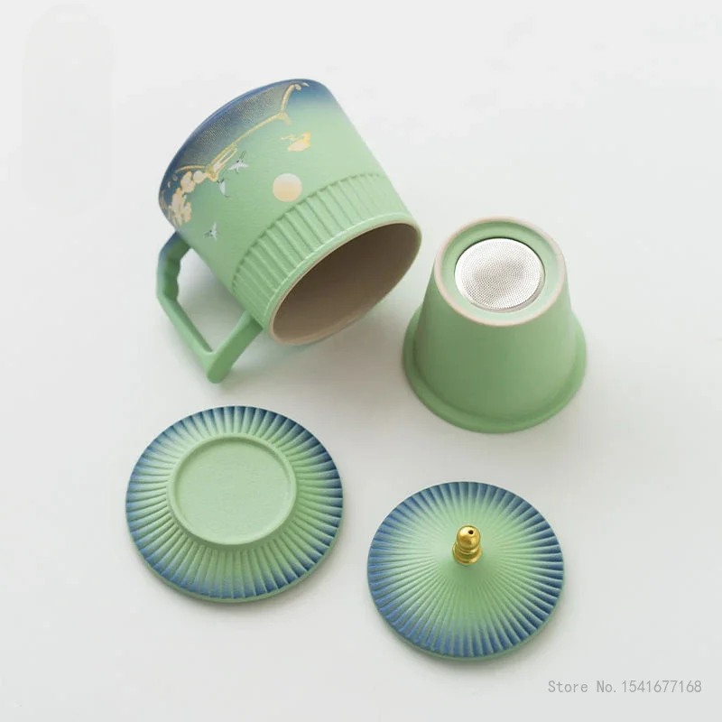 Creative Ceramic Tea Cup with Cover, Chinese Style Crane Pattern Office Supplies, Handle Teacup Separation Filter Water Mug, 1Pc