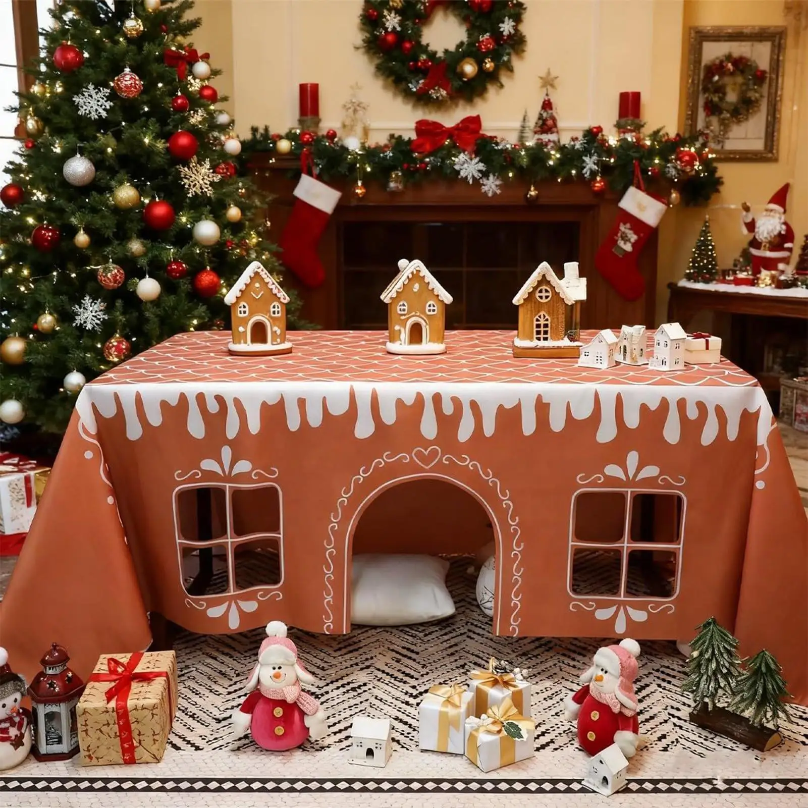 Christmas Tablecloth Gingerbread House Reusable Decorations Farmhouse Table Runner For Party Dining Room Kitchen Tablecloth
