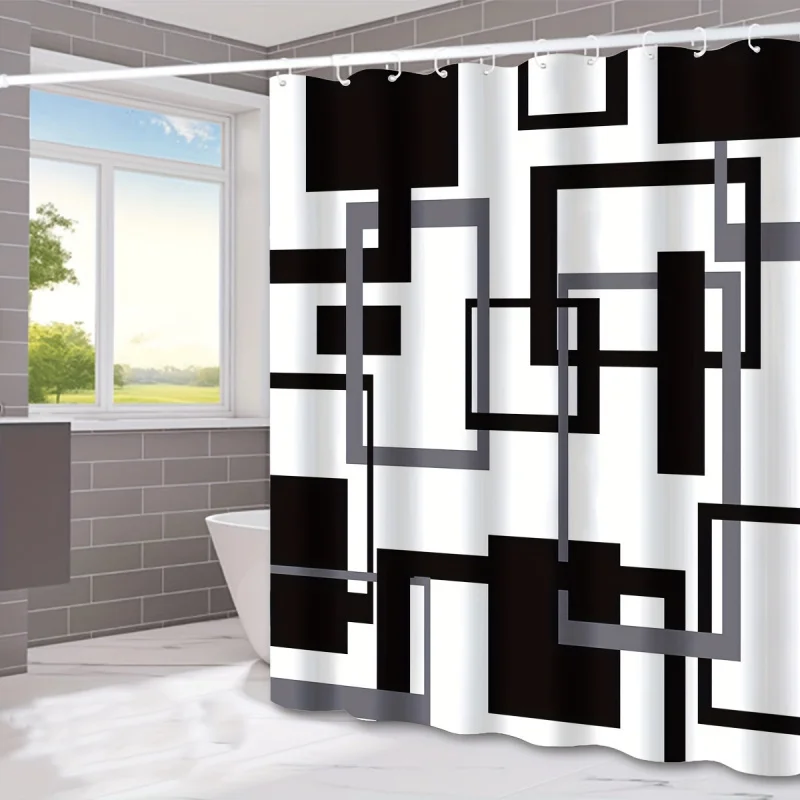 Geometric Black & Gray Print Shower Curtain - Waterproof, Includes Hooks, 180.34cm x 180.34cm - Modern Bathroom Decor 3