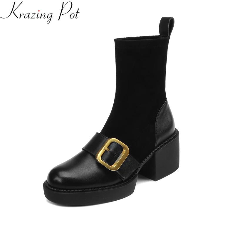 

Krazing Pot 2023 Big Size Cow Leather High Heels Platform Stretch Boots Round Toe Slip on Winter Shoes Metal Elegant Ankle Boots