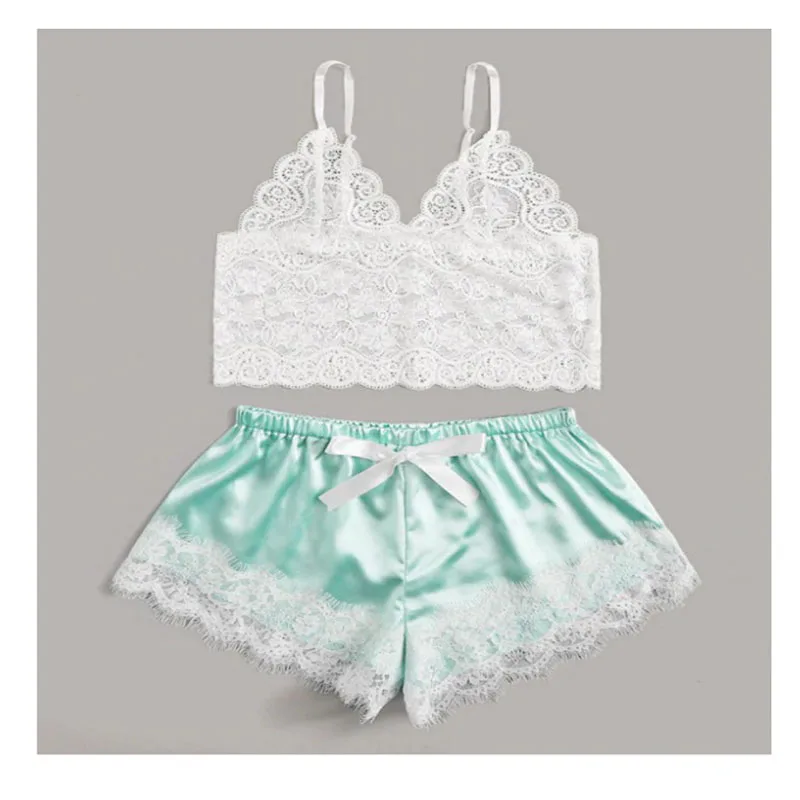 

Женская летняя Пижама, шелковая Сексуальная кружевная ночная сорочка на бретельках, атласная майка без рукавов, домашняя одежда, повседневный топ с V-образным вырезом, шорты, одежда для сна