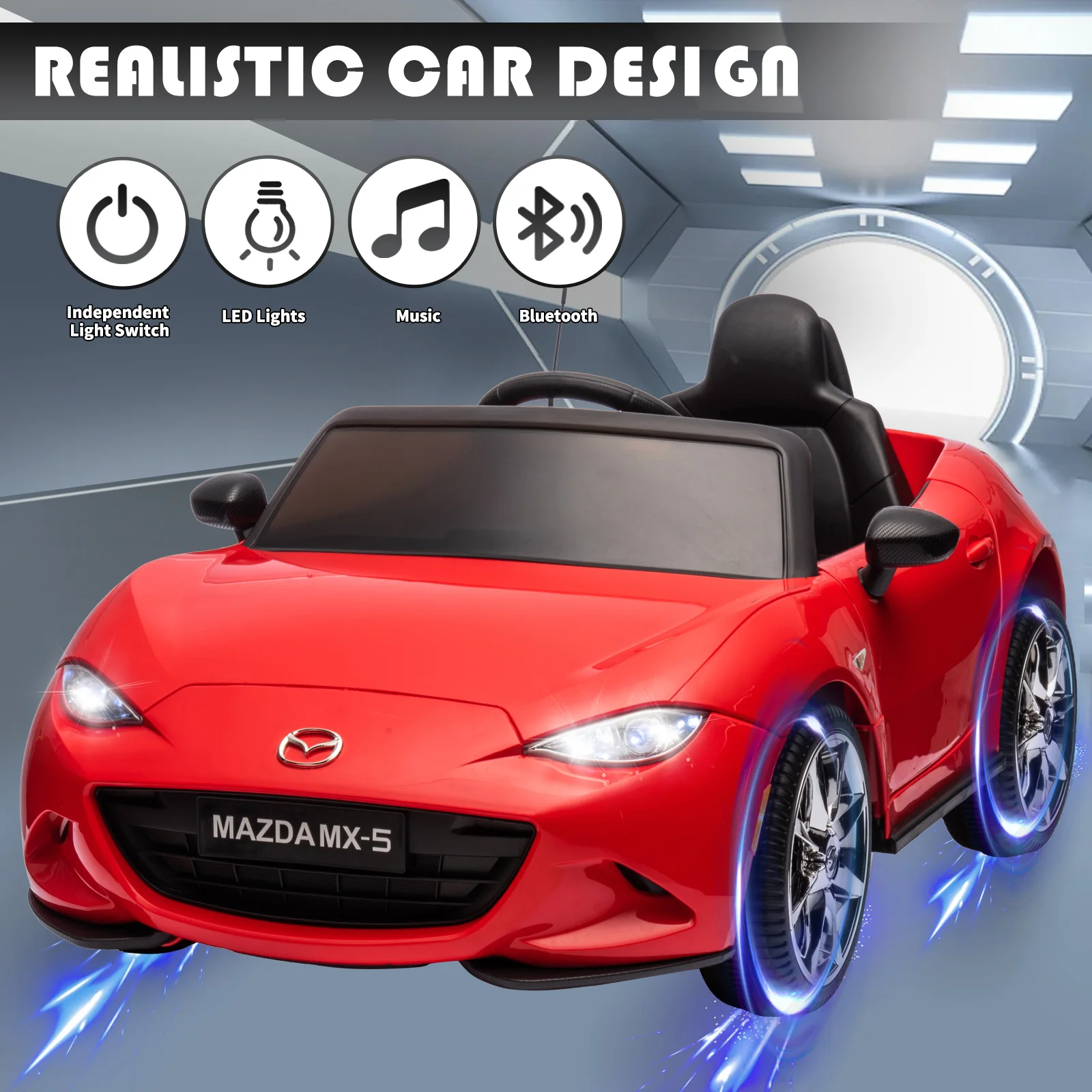 12V Dual Drive Kids Electric Ride on Car, Licensed Mazda MX-5 with Parent Remote, LED Light, Swing Function, One-Key Start