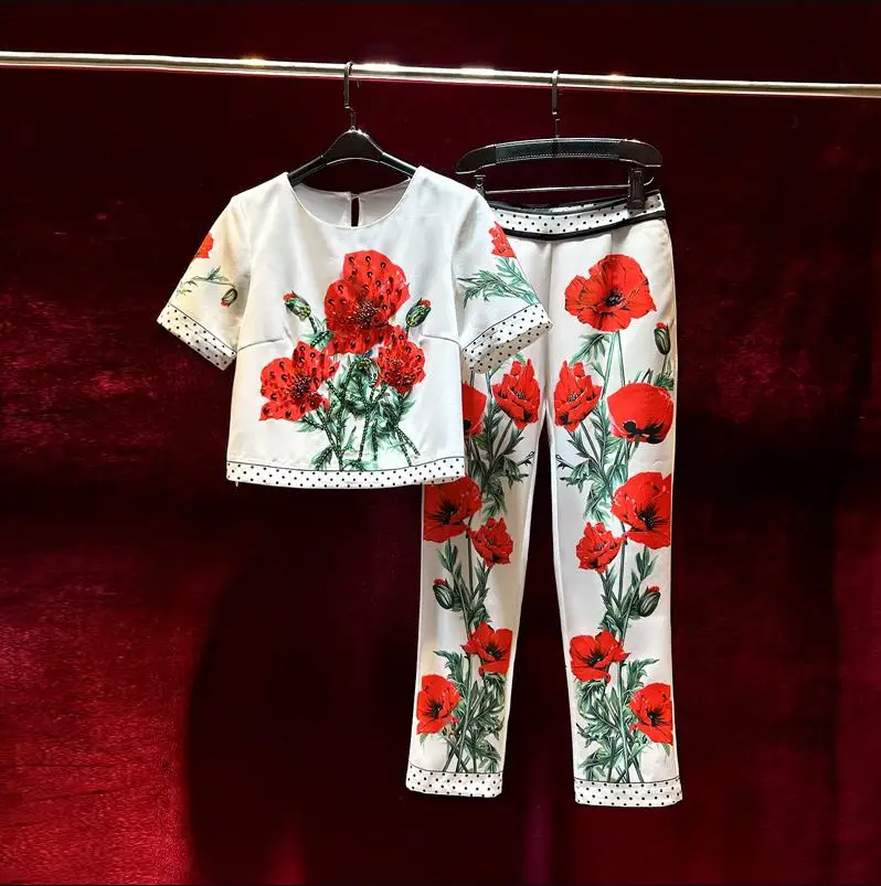 

European and American women's clothes 2023 summer new Short sleeve floral print beaded T-shirt Cropped trousers Fashion suit