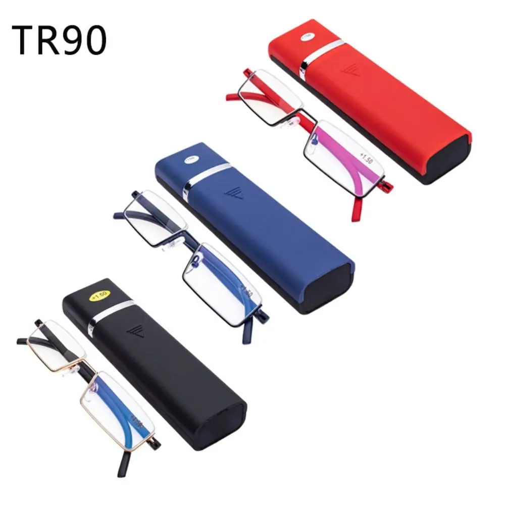 

TR PC Reading Glasses with Case Retro Strength: 1.0~4.0x Metal Half Frame Glasses Rectangle Spring Hinge Glasses Readers