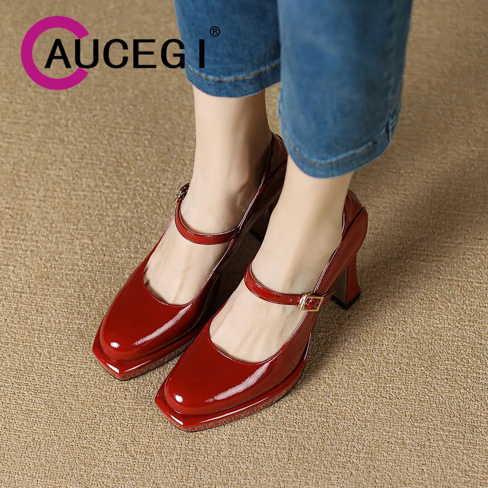 

Женские лакированные туфли Aucegi, классические туфли-лодочки из воловьей лакированной кожи на толстом высоком каблуке и платформе с круглым носком и пряжкой, яркая женская обувь
