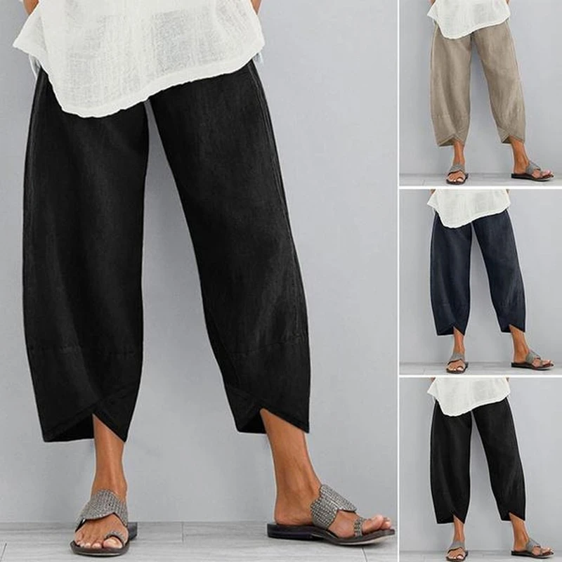 Casual Women Harem Pants Loose Solid Color Linen Cotton Wide Leg Pants Summer Pantalon Plus Size Comfortable Female Trousers capri pants