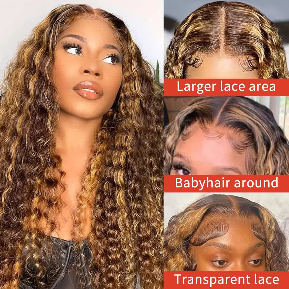 30 Inch 5x5 Highlight Ombre Deep Wave Lace Front Wigs Human Hair Pre Plucked 4/27 Colored Glueless Wigs 200% Density