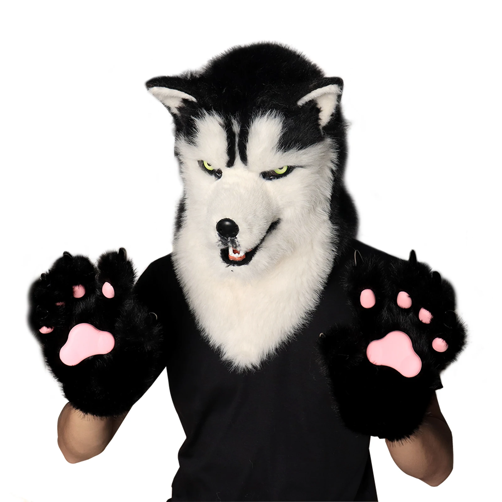 Animal Dog Head Mask Realistic Furry Plush Tail Claw Gloves Full Wolf Masks for Halloween Party Carnival Cosplay