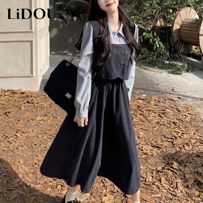 

Summer Vintage Fake Two Pieces Elegant Fashion Patchwork Dress Ladies Long Sleeve Slim Casual Vestidos Women Temperament Robe