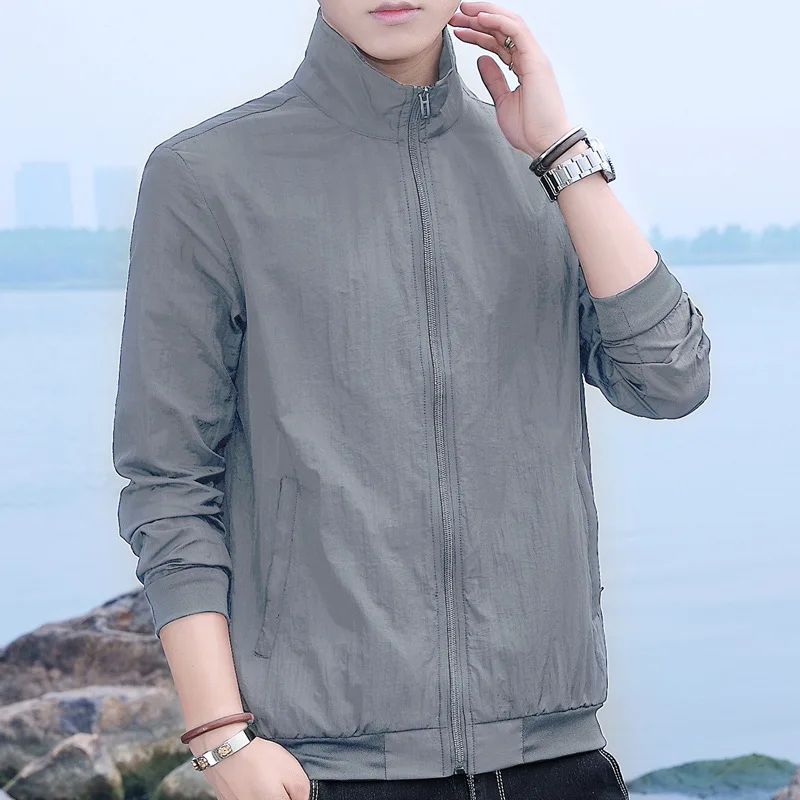 Men's Summer Outdoor Ice Silk Sunscreen Clothes Light and Thin 2024 Large Standing Collar Hatless Sunscreen Clothes