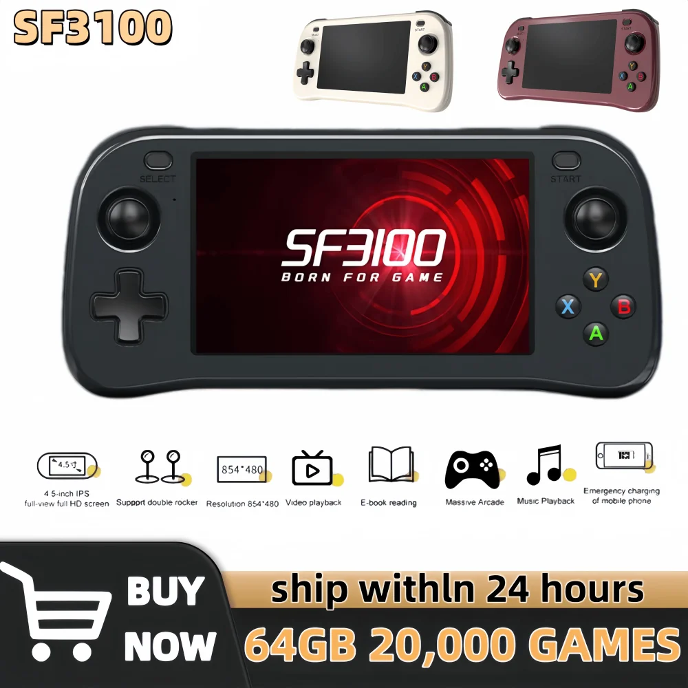 Console de Videogame Portátil Retrô SF3100, Jogos Clássicos, Player de Bolso com Tela IPS de 4.5 Polegadas, Bateria de 3000mAh, Sistema Linux Portátil SF3000