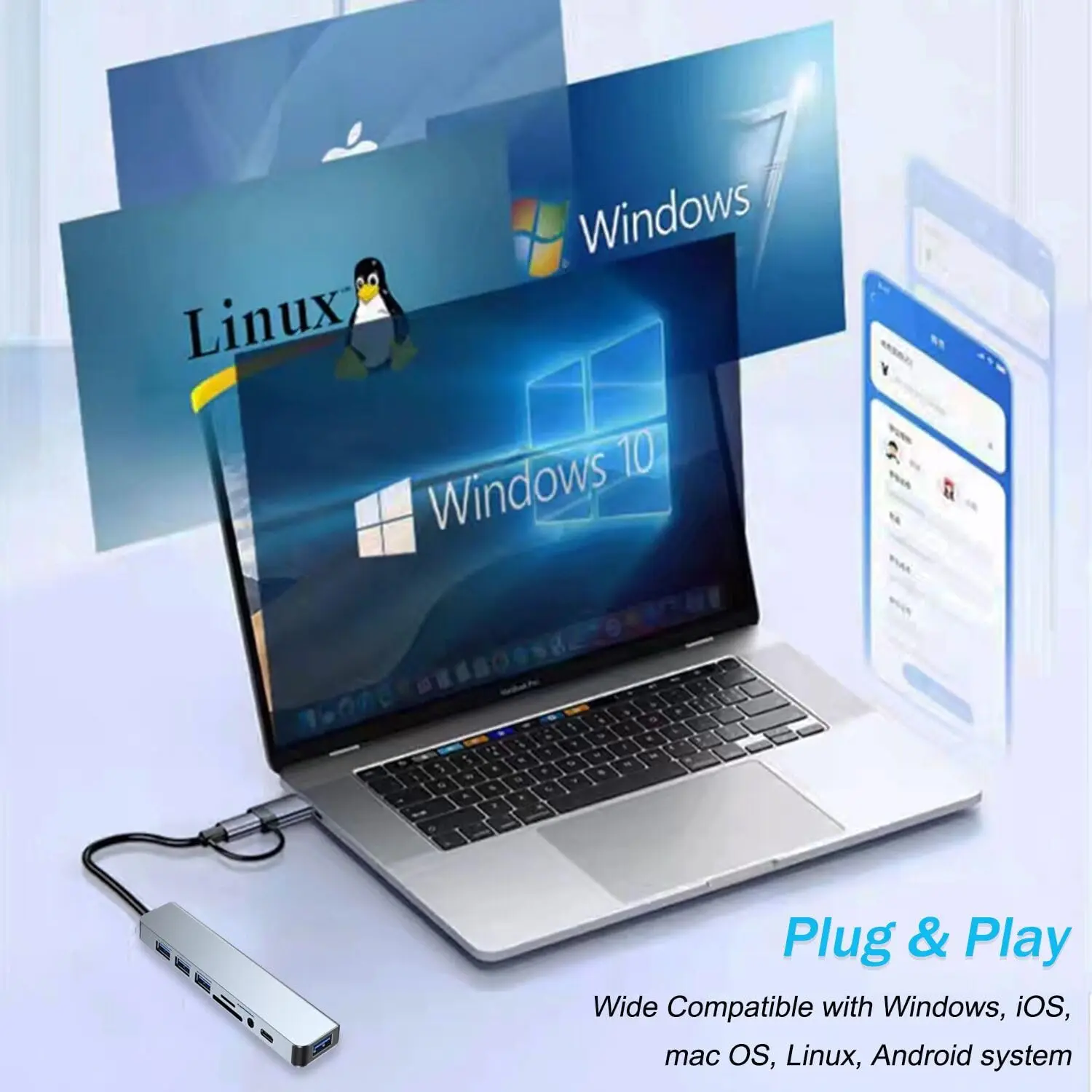 8-in-1 USB-C Hub with HDMI, SD/TF Card Reader, Audio Jack, and USB 3.0 Ports