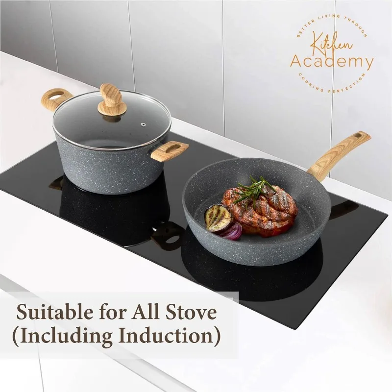 Kitchen Academy Induction Cookware Sets - 12 Piece Gray Cooking Pan Set  Granite Nonstick Pots and Pans Set - AliExpress