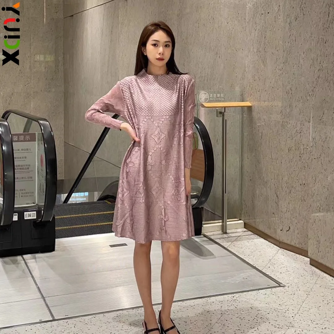 

YUDX Miyake Pleated Thin Embroidered Long Sleeve Classic Printed Dress Loose Plus Size Women's Long Temperament Short Skirt
