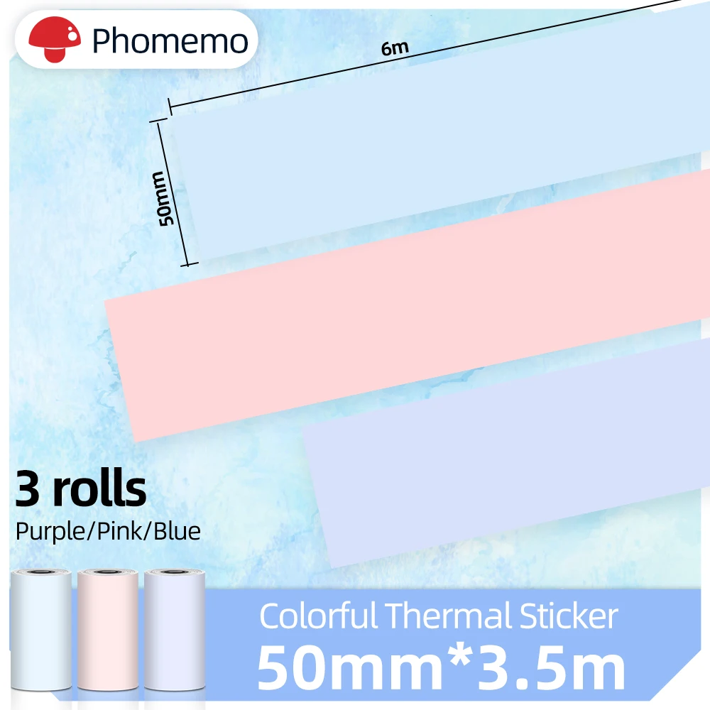 

Phomemo 3 Rolls Colorful Thermal Paper Self-Adhesive 50mm x 3.5m BPA-Free Sticker For M02/M02PRO/M02S Mini Protable Printer