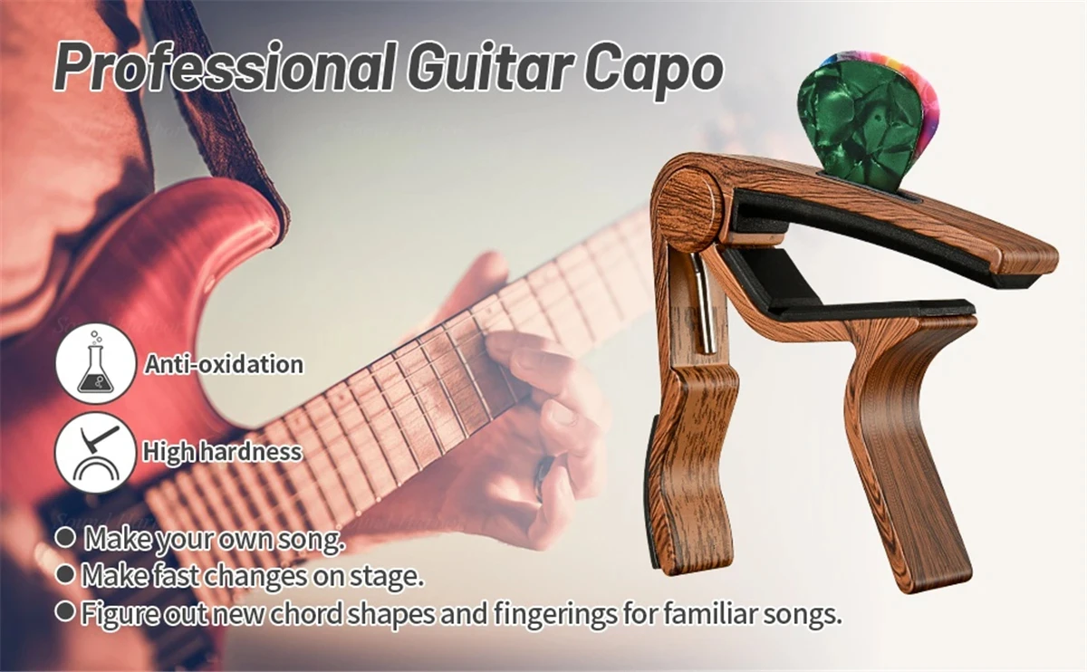 Guitar Capo Adjustment Clip Excellent Metal Picks Holder for Acoustic Electric Guitars Bass Ukulele with 4 Picks
