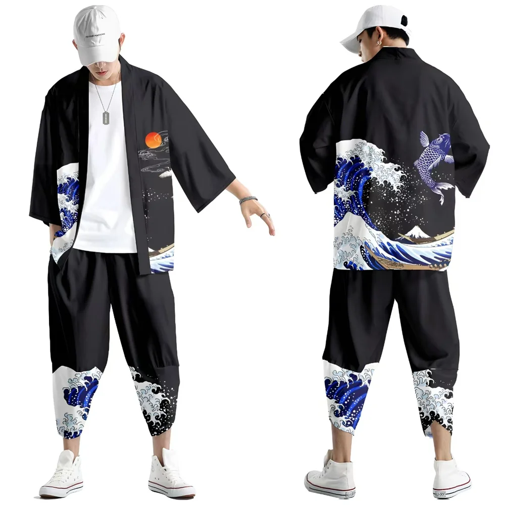 Japanese Traditional Clothing Clouds Ocean Waves Print Kimono Pants Men Asian Fashion Tang Suit Harajuku Hanfu Yukata Jacket