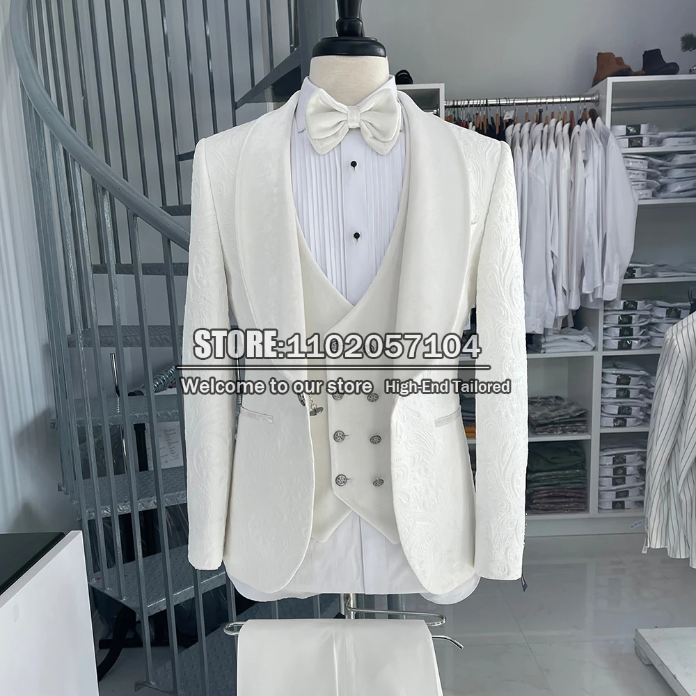 

Luxury Ivory Suits Men Slim Fit Formal Wedding Tuxedo Custom Made Arabic Africa Groomsmen Blazer-Set Jacquard Jacket+Vest+Pants