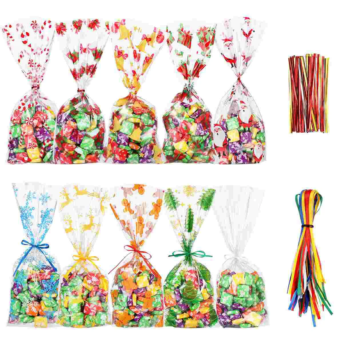 

Cabilock 120pcs Christmas Candy Bags Lightweight Festive OPP Bags with Ties and Ropes Gift Storage Bags Goody Pouches for