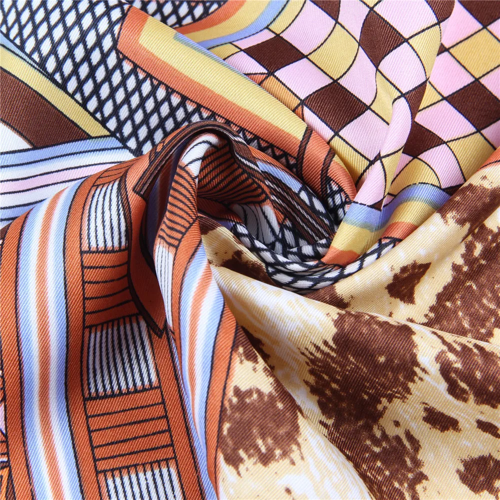 Manuelle Hand Gerollt Twill Seide Schal Frauen Pferd Druck Platz Schals Wraps Echarpes Gekräuselt Worden Foulard Femme Bandana Hijabs 90CM – Detail 12